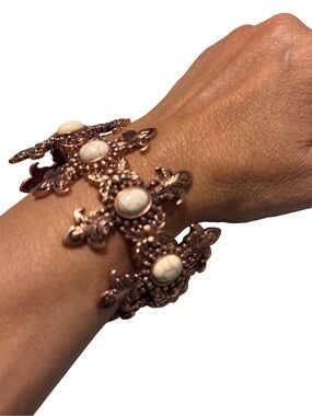 Cooper color Vintage-style filigree panels with white stone cabochons bracelet